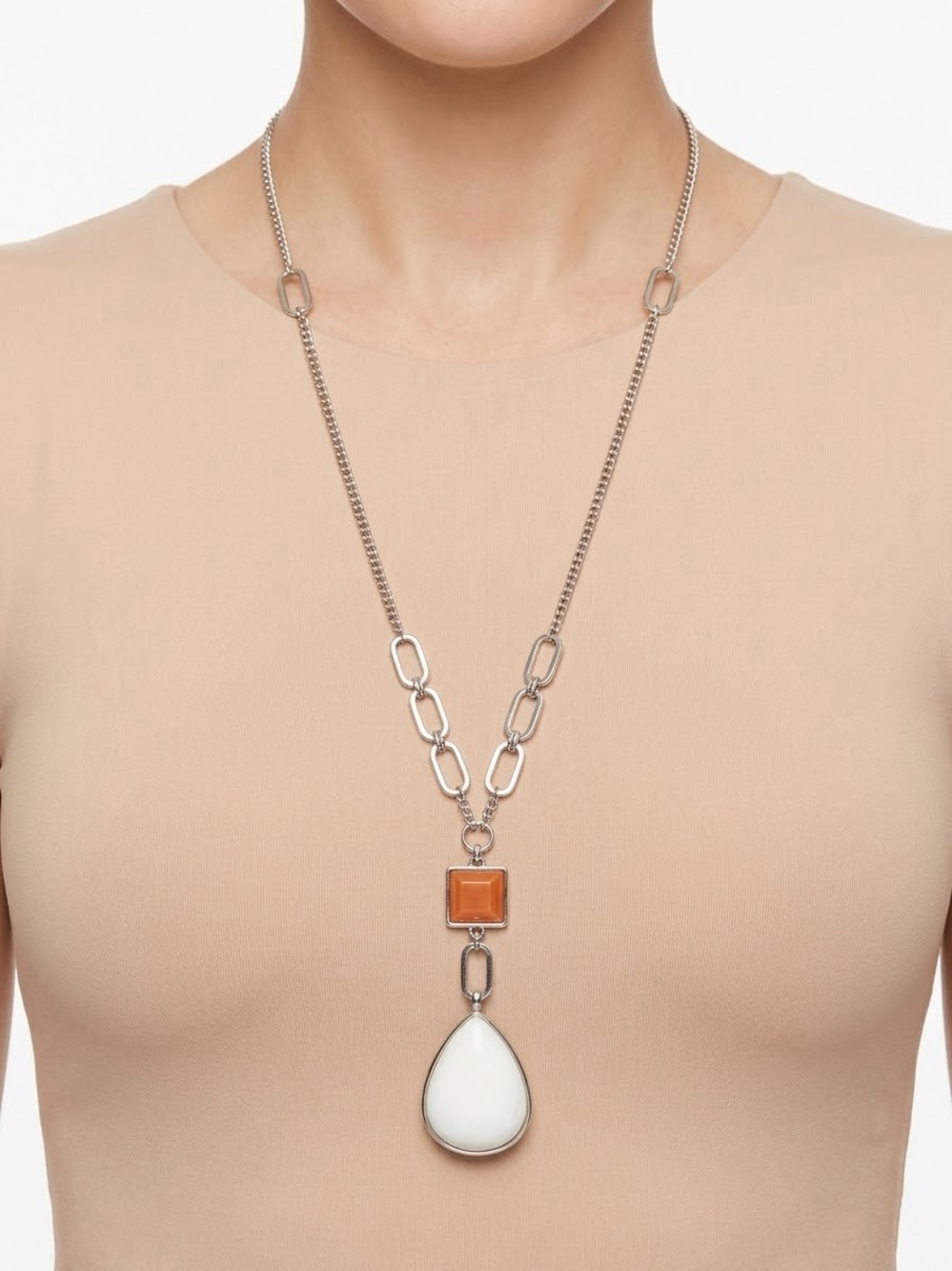 Banana Republic Silver Chain Drop Necklace with Orange Accent and White Pendant